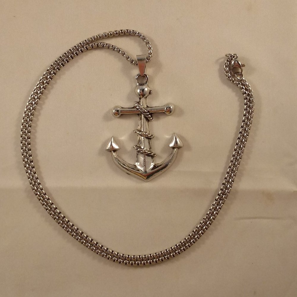 Mens Silver Stainless Steel Boat Anchor Rope Pendant Rolo Chain Necklace Gift - Picture 3 of 6